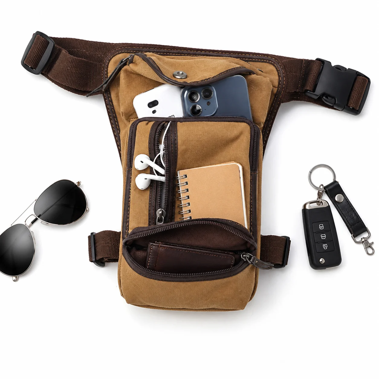 Vintage Canvas Leg Bag for Men & Women, Multi-Pocket Thigh Waist Bag, Outdoor Travel Messenger Bag, Adjustable Strap Tactical view 3