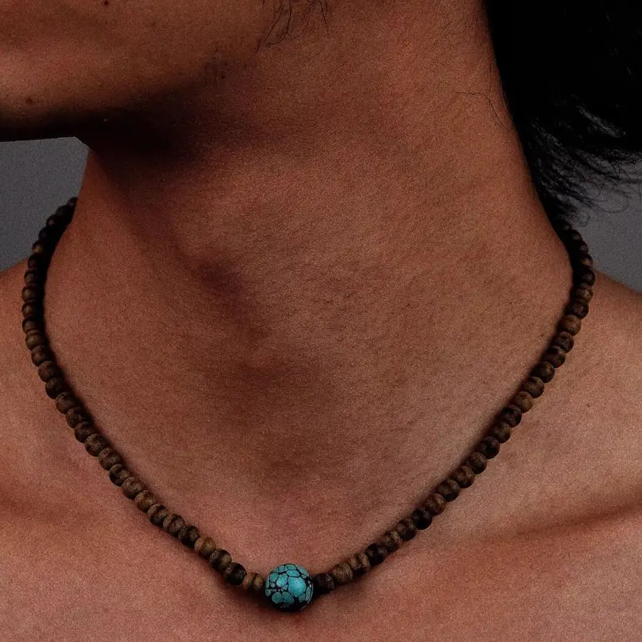 Handmade Genuine Agarwood Mini Bead Choker with Turquoise Ball Pendant Fashion Jewelry Gift for Him view 3