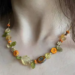 Acrylic Flower Bead Necklace Women's Fashion Jewelry Handmade Bohemian Style round Beads Necklace with Adjustable Chain