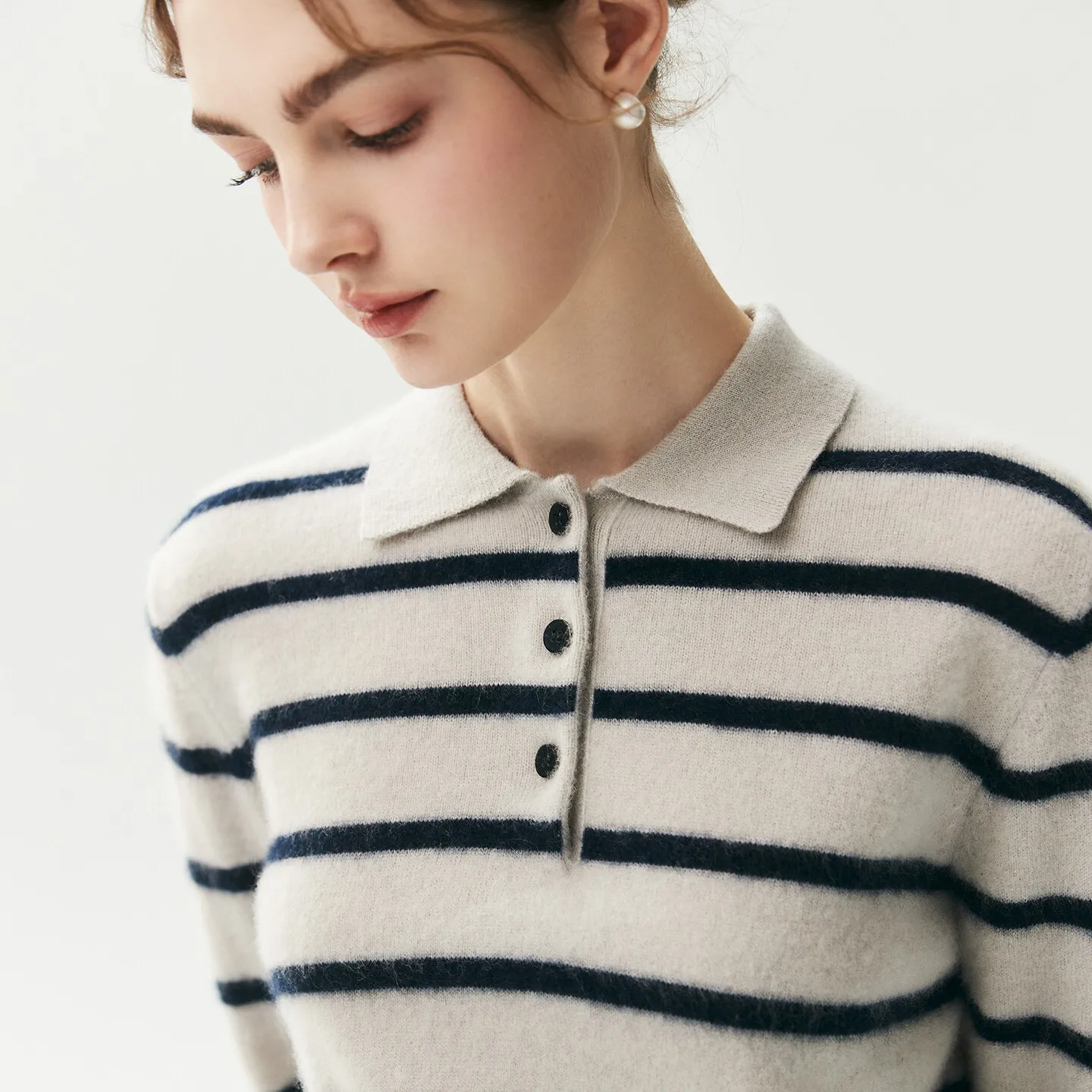Striped color matching design cashmere sweater women's half-open lapel sweater loose