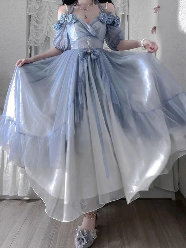 Gradient Blue Three-Dimensional Rose Lolita Dress Strap Flower Wedding Elegant