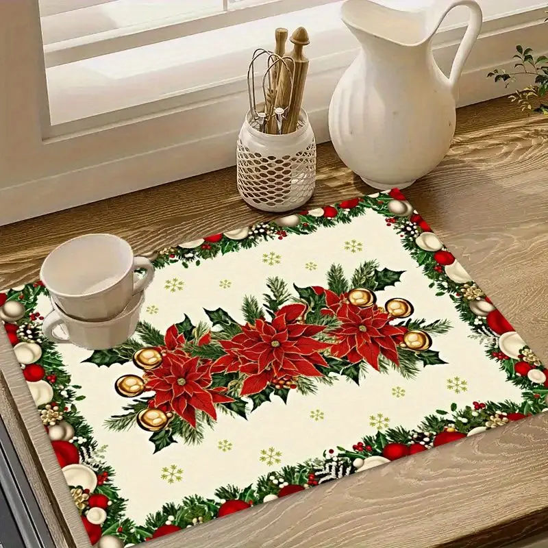 VIKAMA Kitchen Dish Drainer Mat, Traditional Christmas Bell Wreath Absorbent Coffee Maker Mat, Kitchen Countertop Home Decor