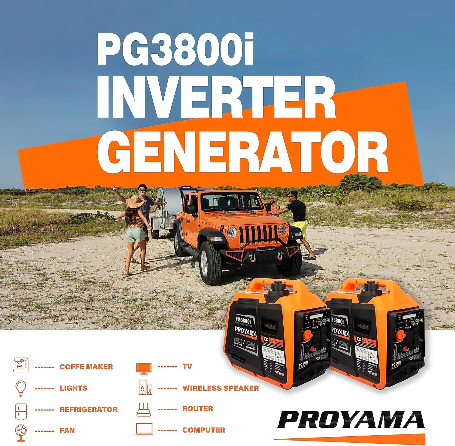 PROYAMA-Gerador Inversor Portátil, 3800 Watt Gás Gerador, Home Backup, RV, EPA, CARB Compliant, Super Quiet, Peso leve