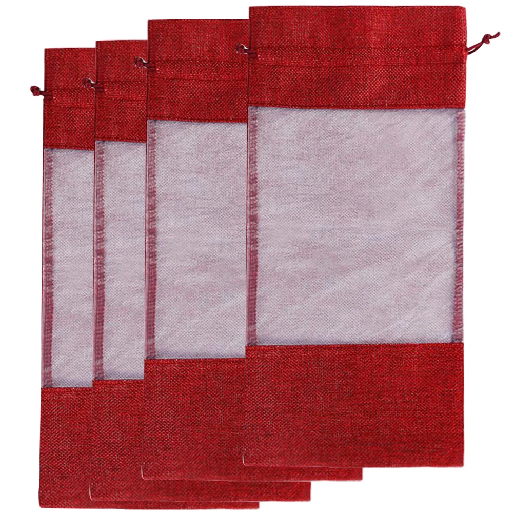 

4Pcs Bottle Bags Reusable Burlap Eco Friendly Drawstring Foldable Linen Packaging With Window Gift Holders
