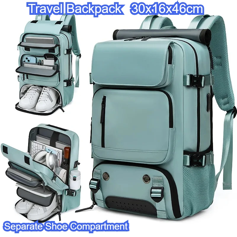 Carry-On Travel Backpack with USB Charging, Waterproof Outdoor Hiking Bag, Large Laptop Backpack with Separate Shoe Compartment