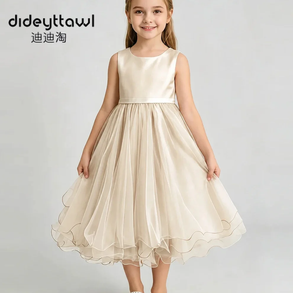 Girls Sleeveless Satin Tulle Flower Girl Dress Multi Color Available Kids Formal Pageant Gown Big Bow Back Ruffle Hem Long Dress