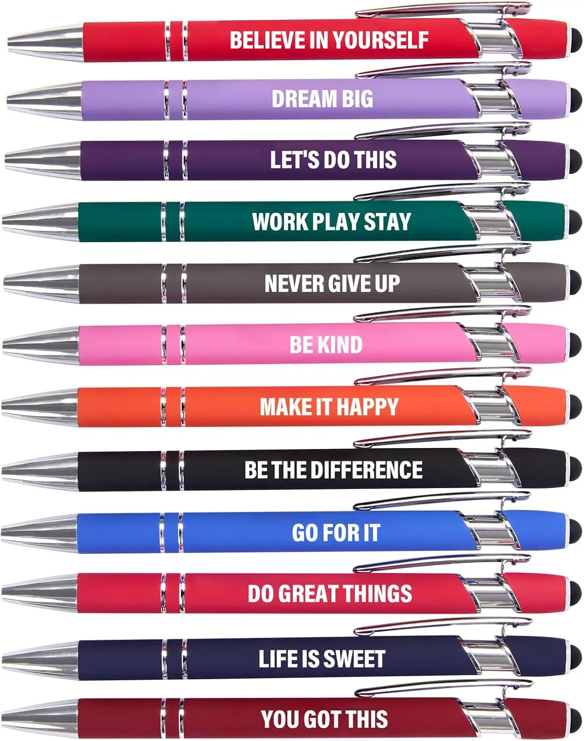 

12 Pack Inspirational Pens with Stylus Tip, Fine Point Black Ink, Motivational Office Gift