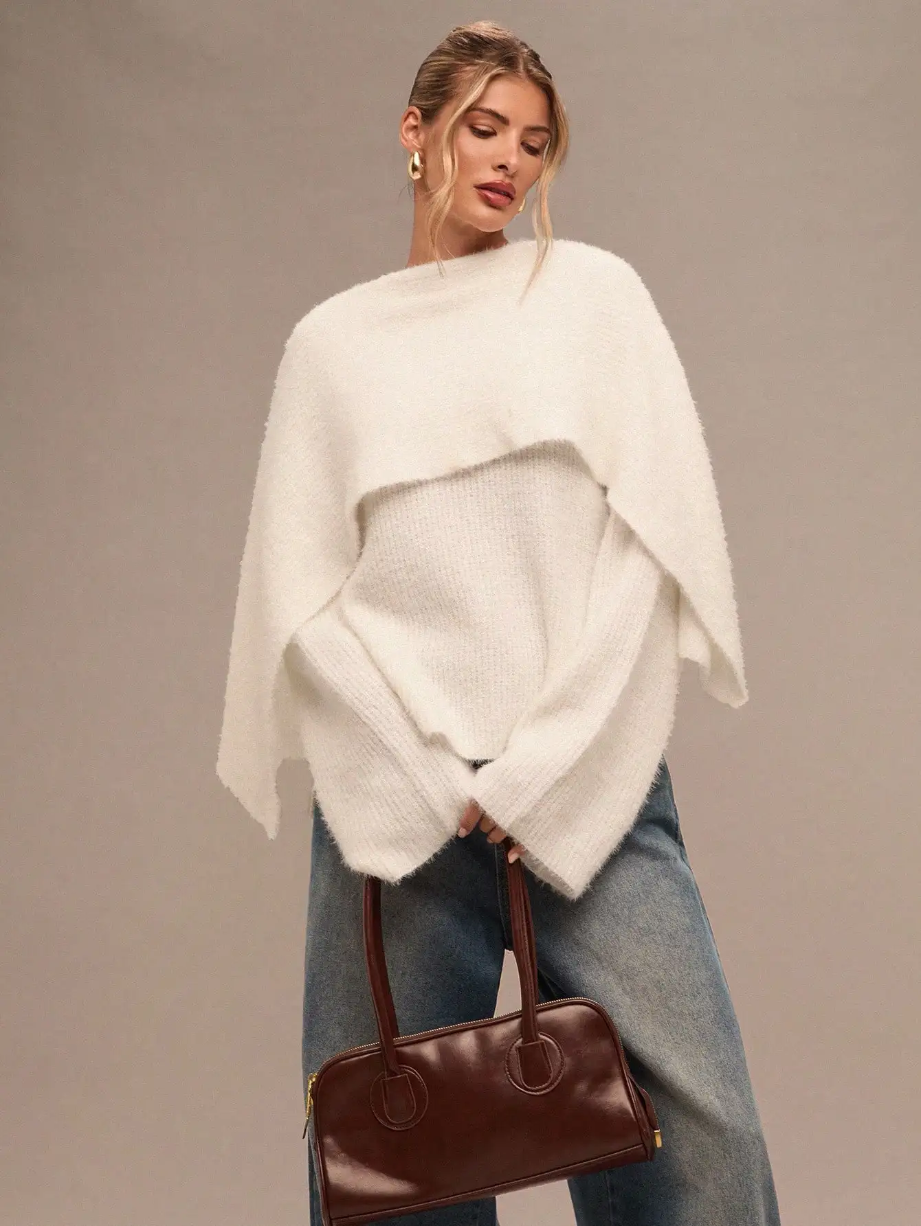 

BAE Women's Oversized White Knit Pullover Sweater, Long Sleeve, Cozy Winter Fall Spring Style