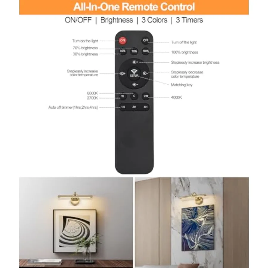 Picture Light for Wall, Battery Operated Art Lights for Painting, 3 Color Selections and Brightness, Adjustable Wireless Portra