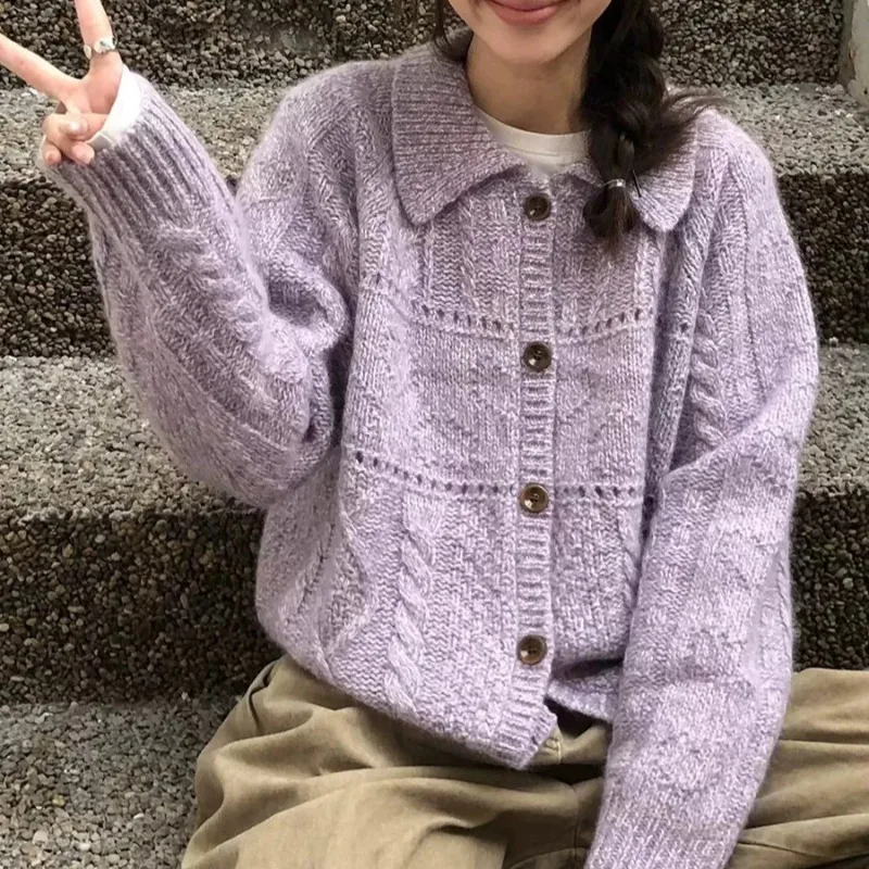 

2025 Autumn/Winter New Style Retro Twisted Collar Knitted Cardigan Loose and Versatile Lazy Style Women's Sweater