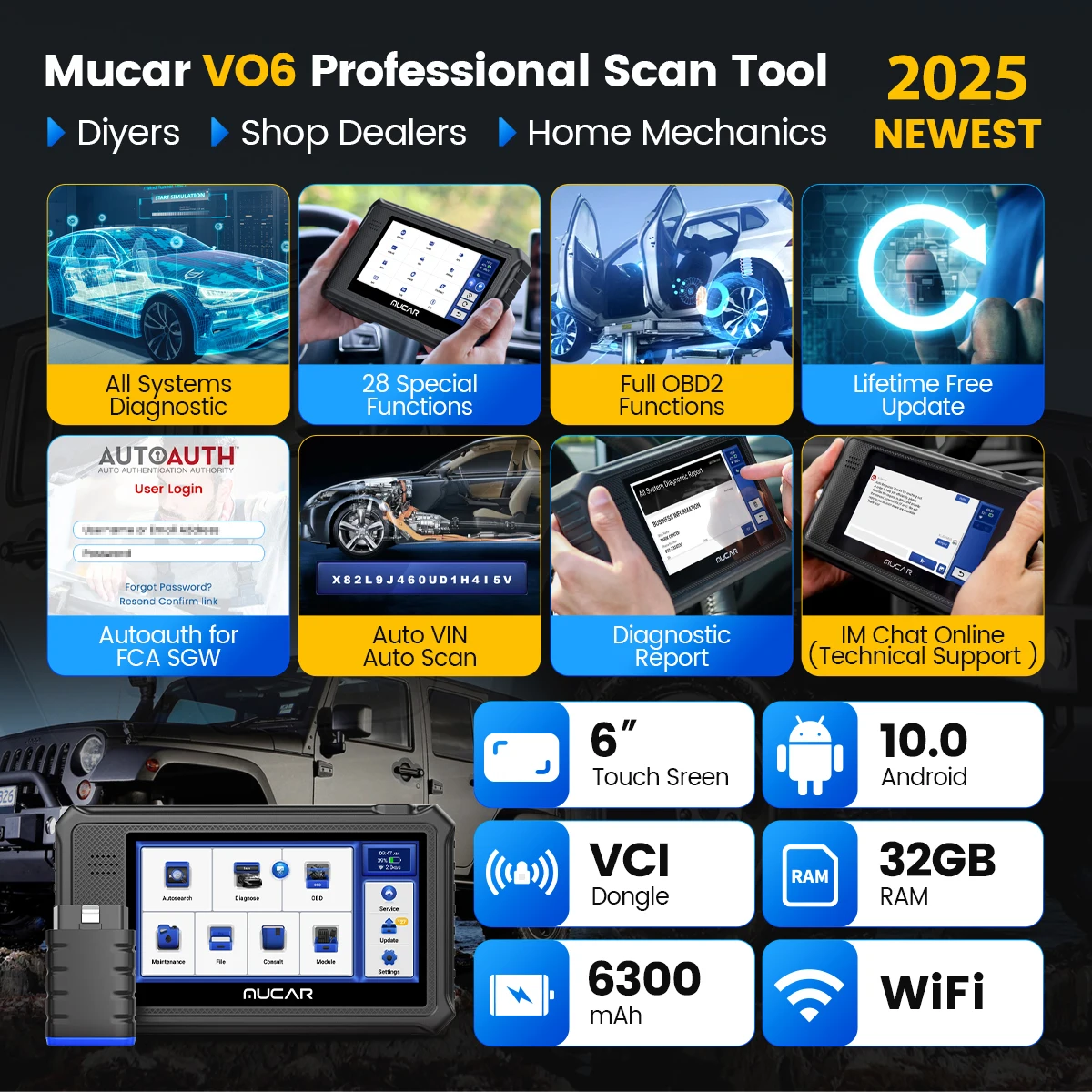 Lifetime Free Update MUCAR VO6 OBD2 Scanner All Systems Diagnostic 28 Reset Auto VIN EPB/BMS/SAS/ABS Sevice for All Cars