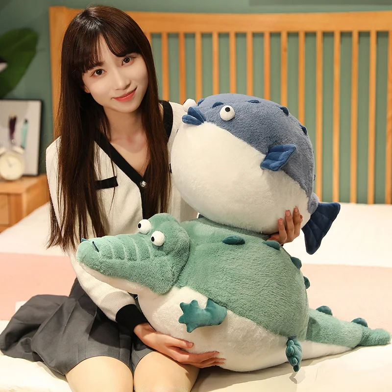 40-80CM Cartoon Crocodile & Puffer Fish Plush Fat Chubby Animal Stuffed Toy Sofa Decro Home Cushion Present