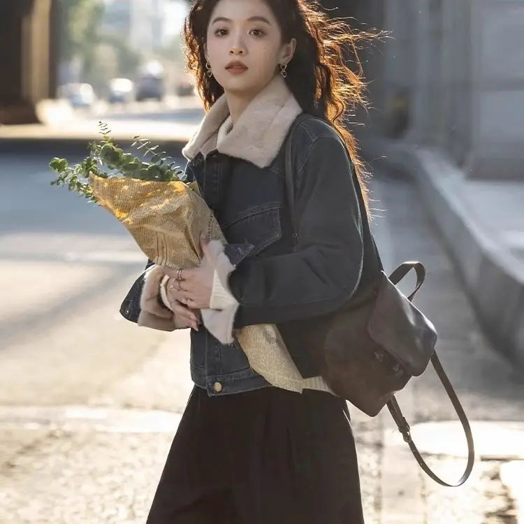 

Джинсовые пальто для женщин, куртки с длинными розовыми рукавами и лацканами, женские меховые плюшевые женские зимние винтажные куртки с рюшами и круглым вырезом, субкультурные ПР