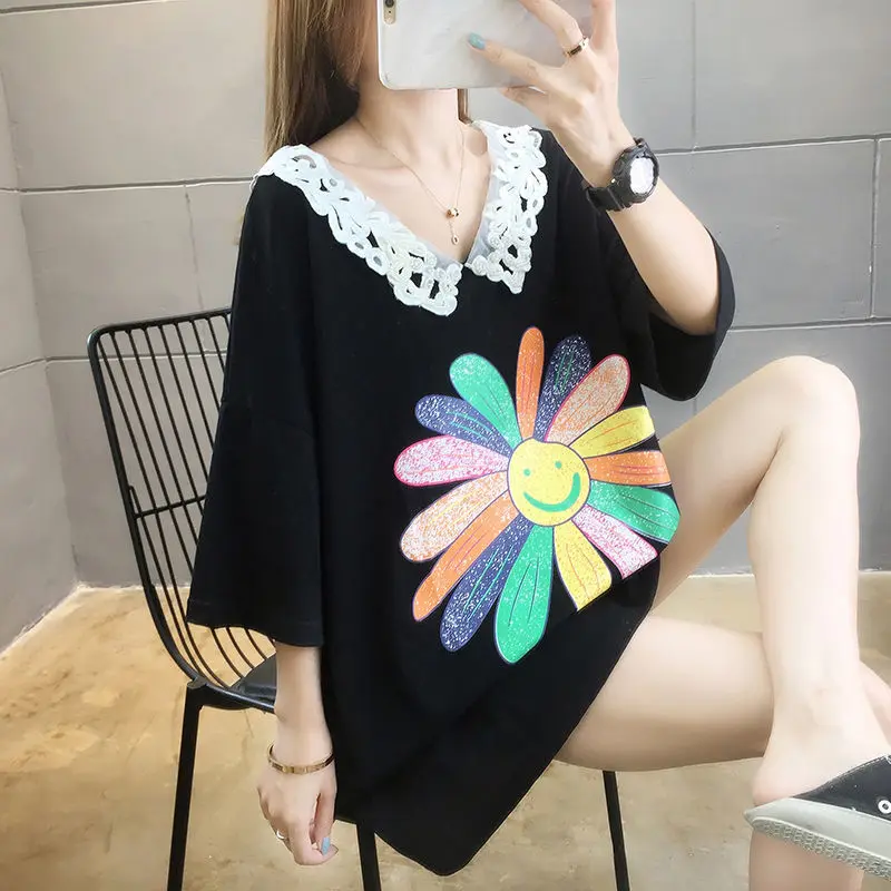 2024 New Summer Youth Sweet Academy Style Lace Flip Collar Personalized Print Loose Oversized Casual Short Sleeve Large T-shirt