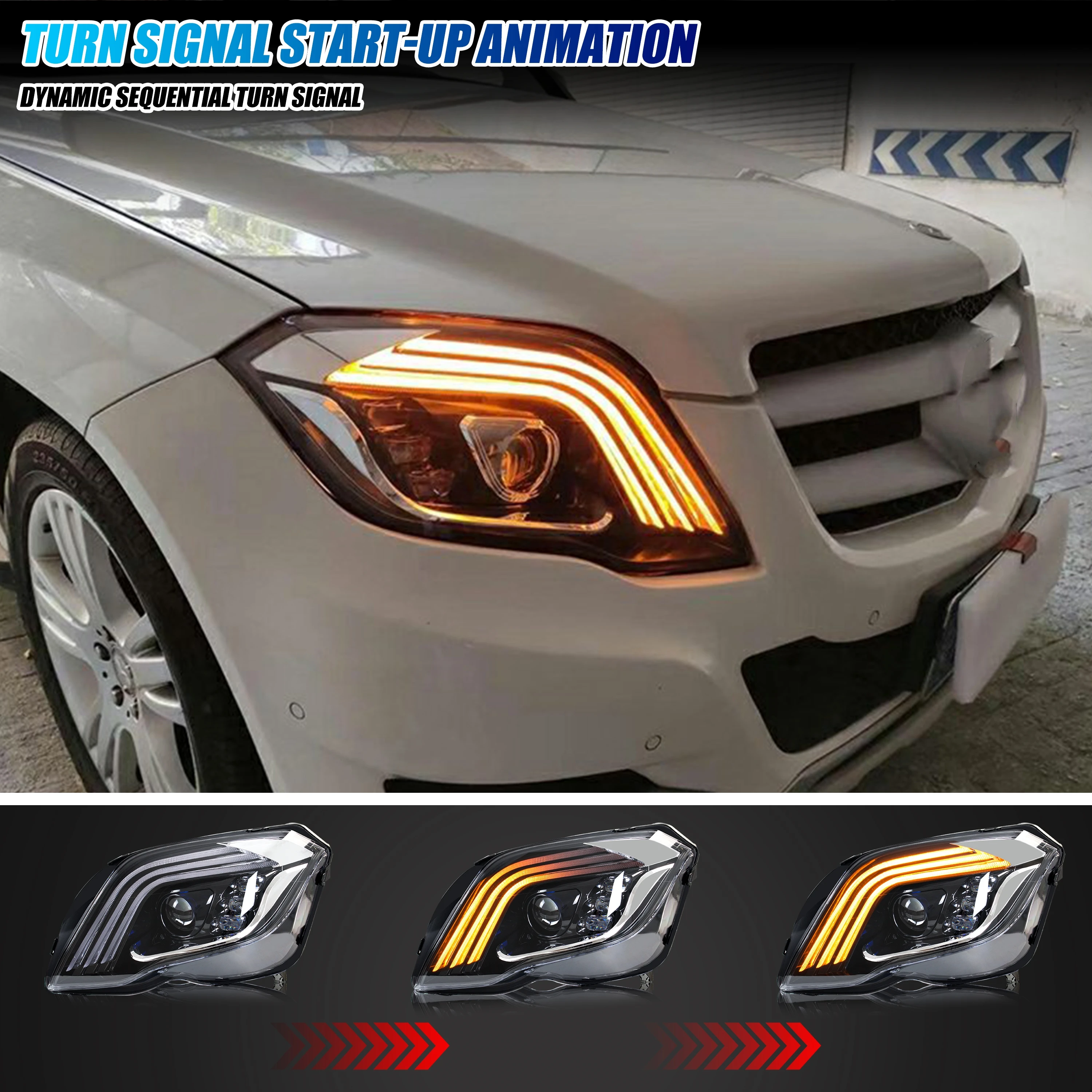 المصابيح الأمامية LED لمرسيدس بنز GLK350 GLK300 GLK250 X204 2013-2015 DRL العارض متتابعة بدوره إشارة مجموعة المصابيح الأمامية