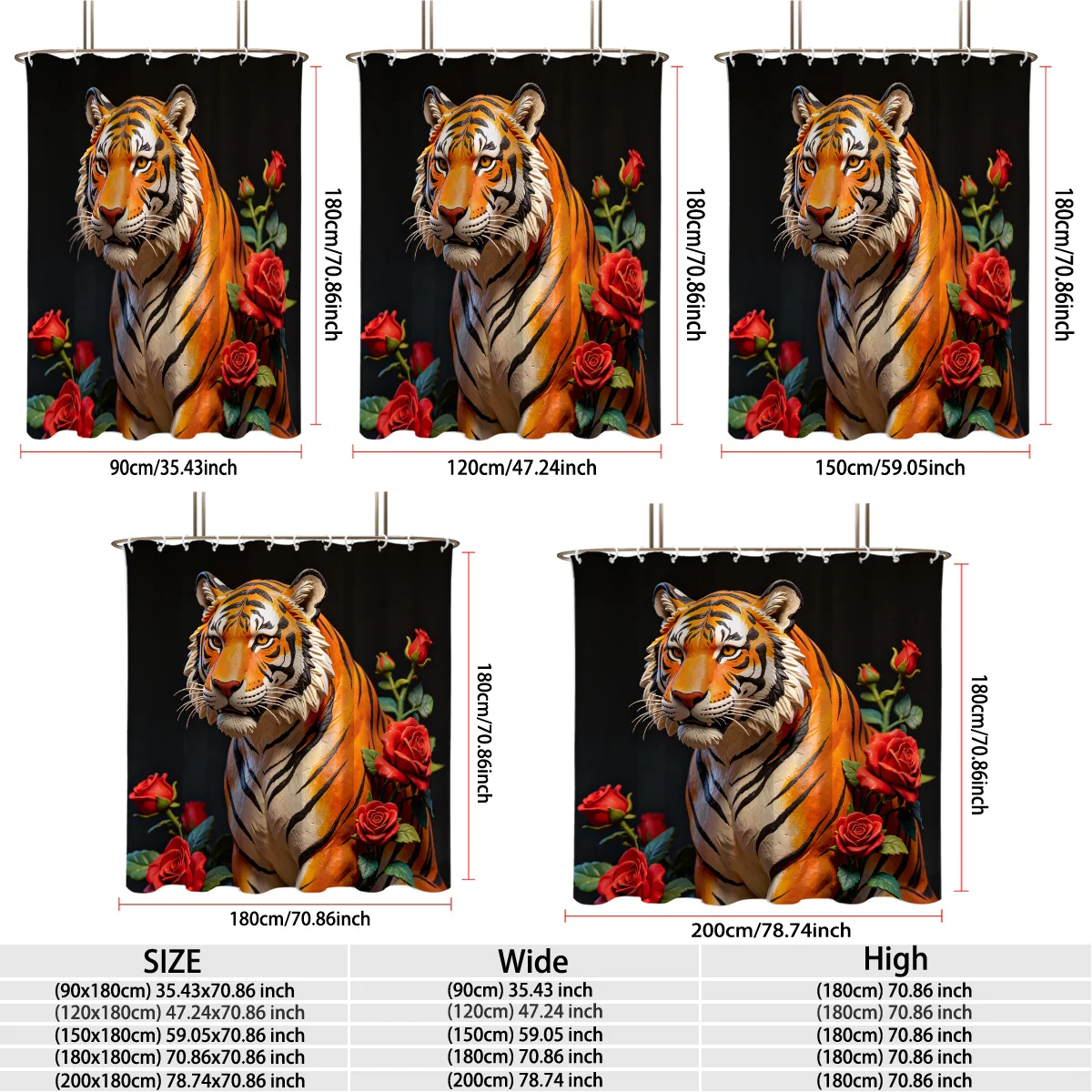 Striking Wild Tiger Surrounded by Vivid Red Roses Art Bath curtain Comfortable Warm t Indoor Outdoor Cool