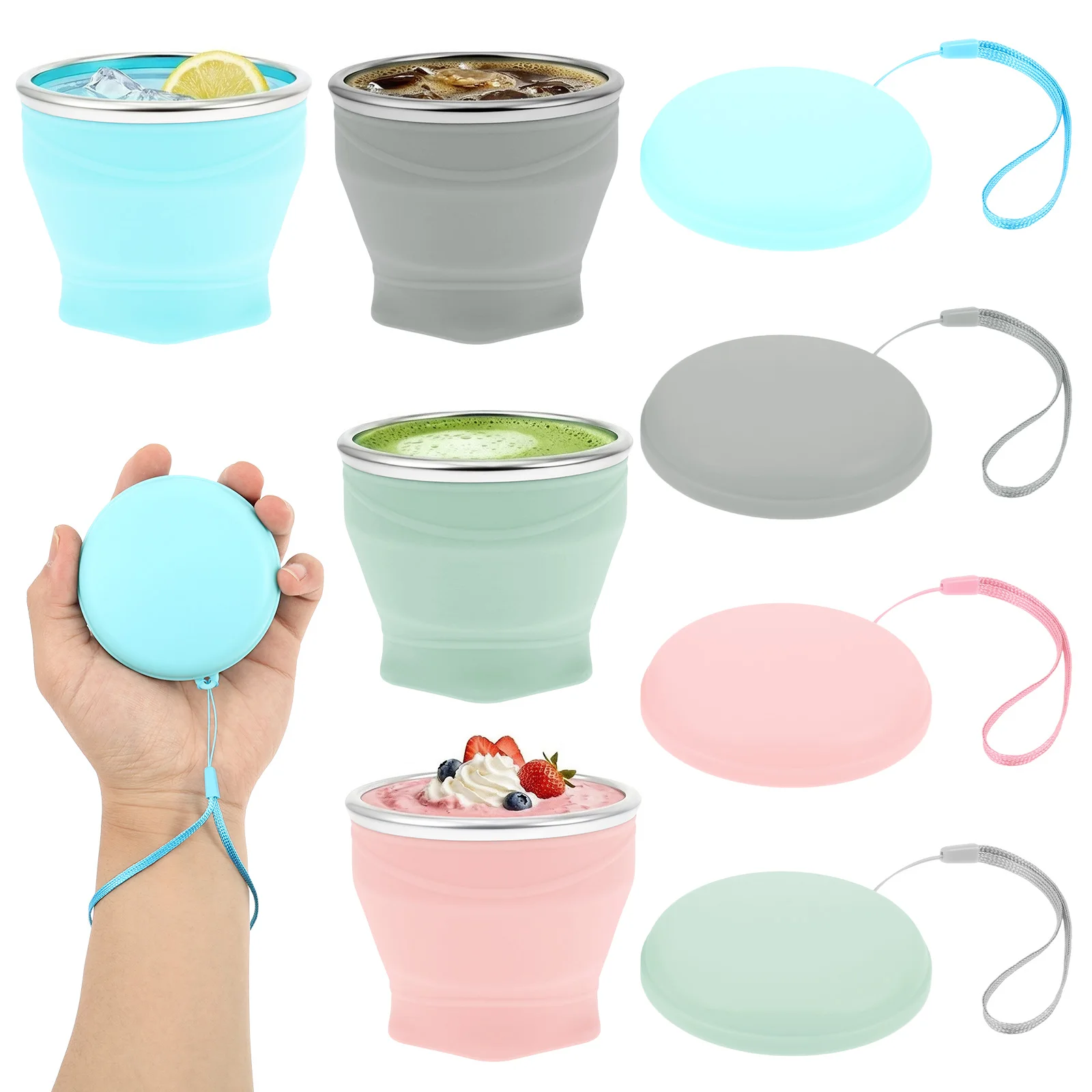 4 Pcs Foldable Water Cup 180ML/260ML Silicone Foldable Travel Cup Reusable Camping Cup with Lids for Picnic Camping and Outdoors