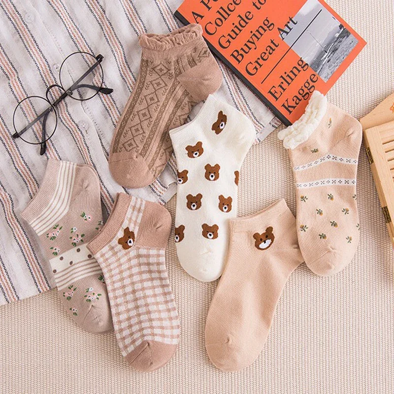 Ins Style Korean Cute Cartoon Bear Thin Sock Women Ankle Socks Cotton Thin Short  Casual Boat Socks Harajuku Носки A Pair Random