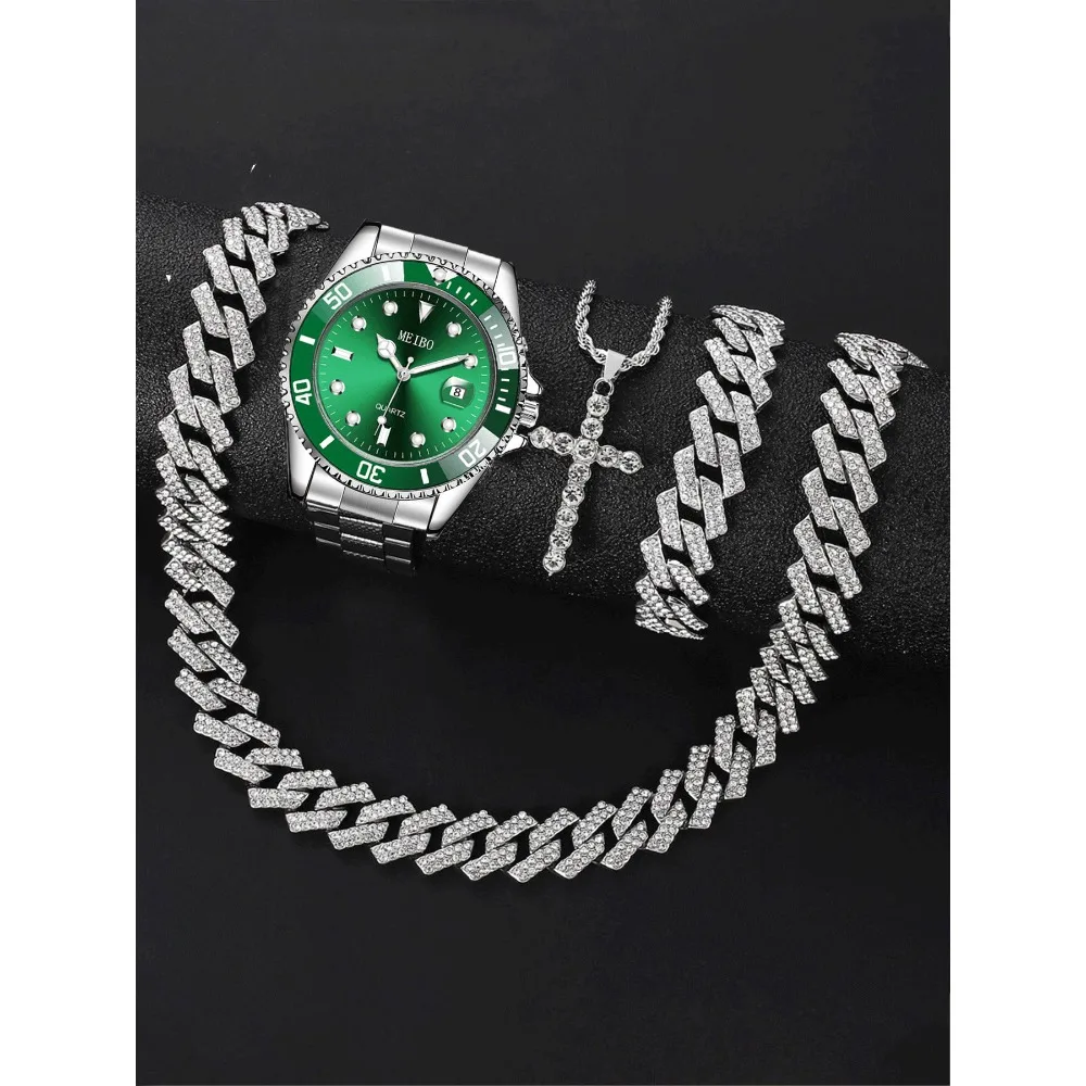 ABC4-piece Calendar Green Water Ghost Watch Men's Watch Steel Belt Quartz Watch Set