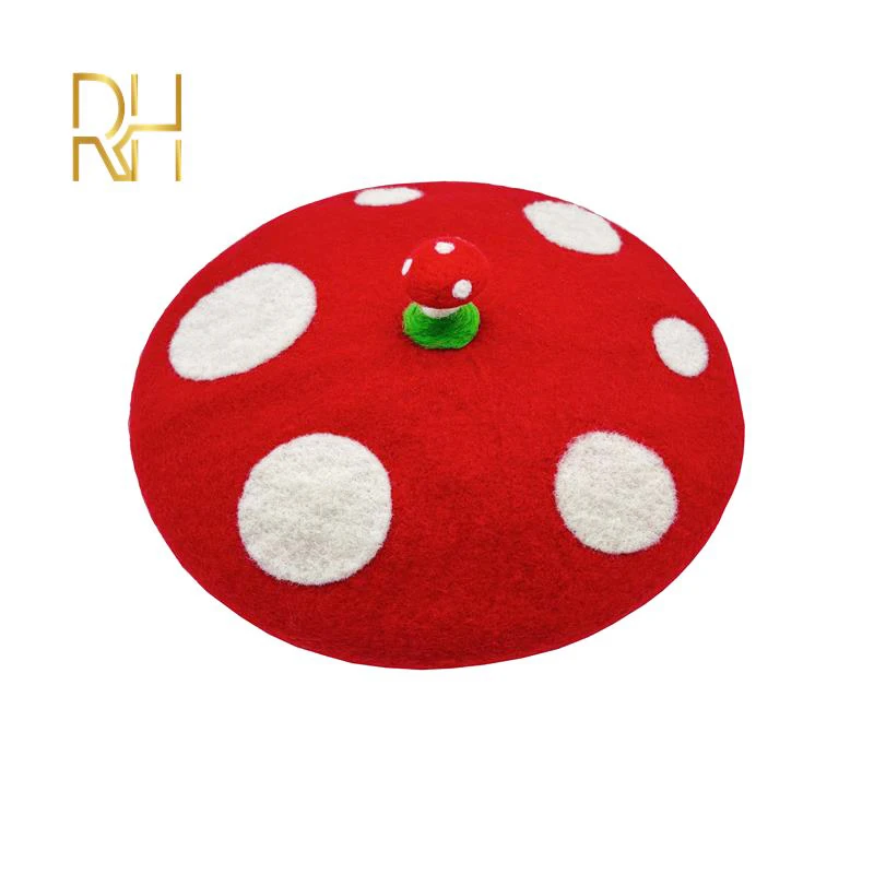 RH Ladies Cute Mushrooms Red Handmade Wool Felt Beret Creative Painter Hat Girls Birthday Gift Warm Cap For Autumn Winter