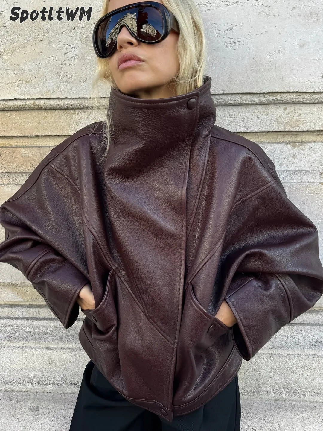 Women Solid Color Stand Collar Long Sleeve Jacket Casual Long Sleeve Loose Oversized Outerwear Spring Autumn Fashion Coats