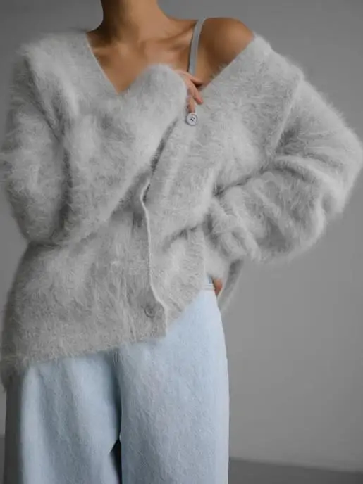 Sweter rozpinany z dzianiny imitującej wełnę norek, luźny i swobodny damski sweter z dekoltem w serek, jednolity kolor, idealny na jesień i zimę.