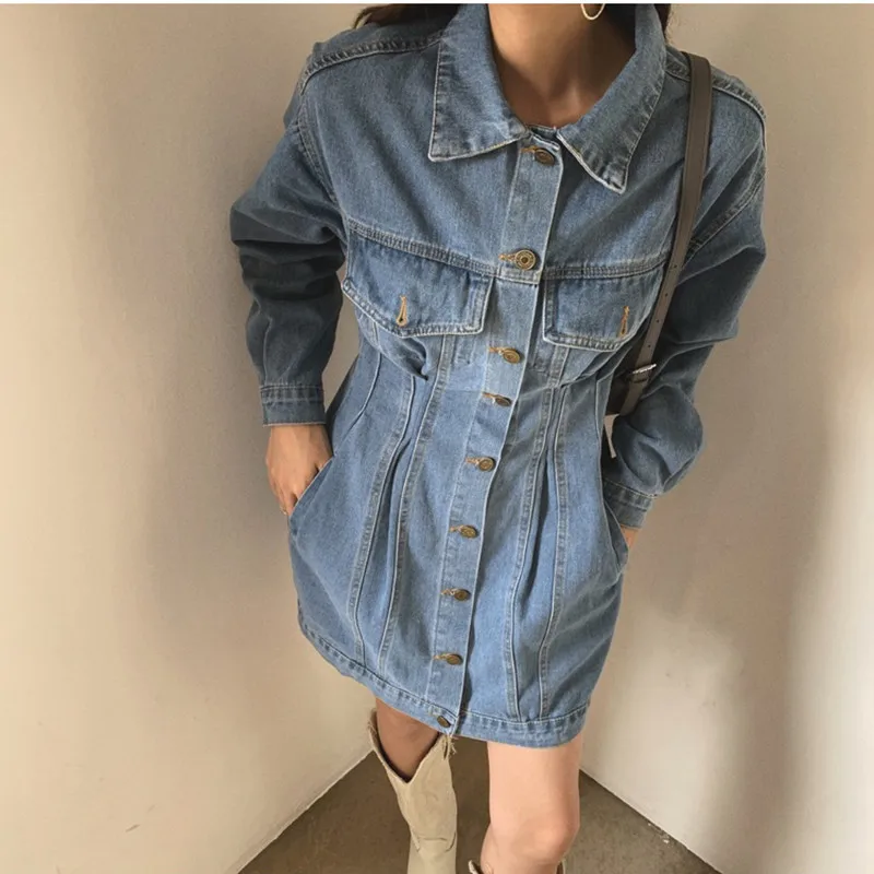 Vintage Denim Straight Dress Women Fall Long Sleeve Slim Pockets Mini Vestidos Single Beasted Jeans Female 4259