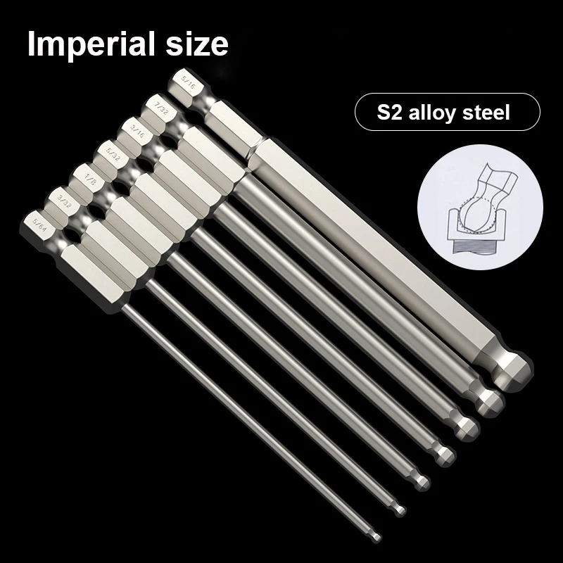 Bola End Hex Chave de Fenda Bits Polegada Tamanho Imperial Allen Bola Cabeça Hexagonal Bit 100 mm de Comprimento 64 32 32 16 32 16 16 32 16 16