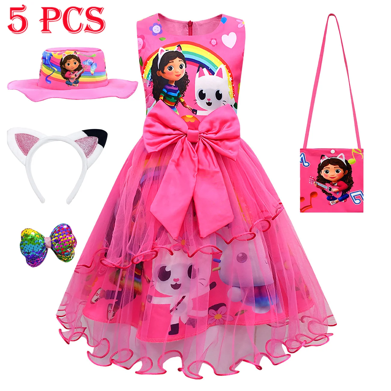 Robe de princesse de maison de course de Gabby pour fille, vêtements de sauna, chapeau, chats mignons, robes de fête d'anniversaire pour enfant en bas âge, vêtements en dentelle, sac, ensemble de 5