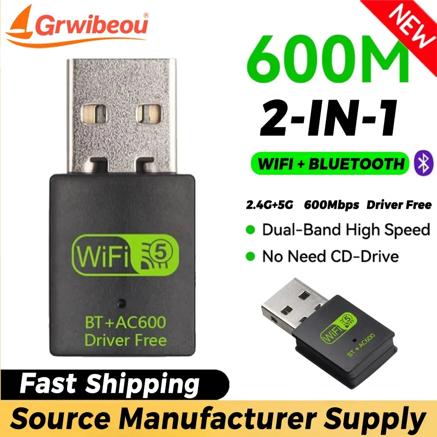 Adapter USB WiFi Bluetooth 2 w 1, 600Mbps, dwuzakresowy 2.4G+5GHz, szybka karta sieciowa, odbiornik do PC i laptopa — zdjęcie produktu 7