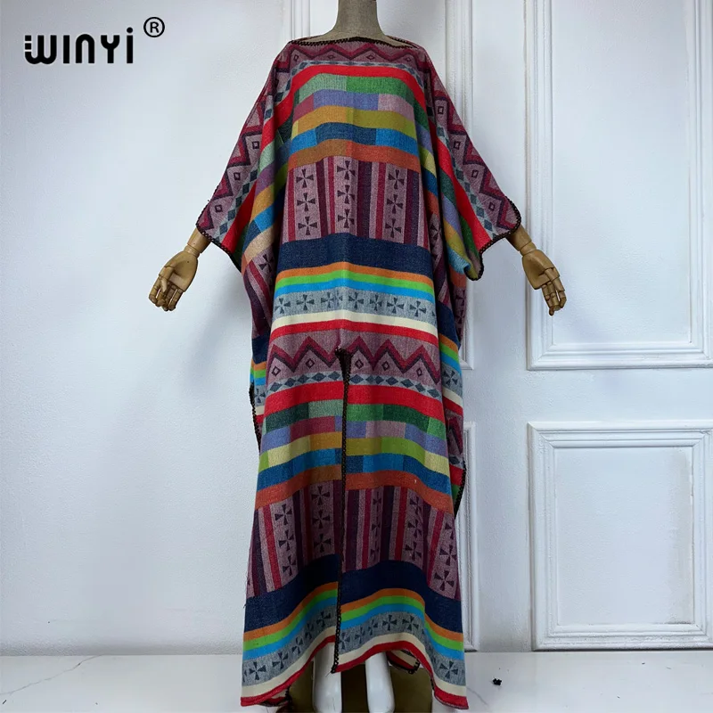 

WINYI winter boho National wind print holiday kaftan evening dress Elegant robe Africa Women Caftan women party cape dress women