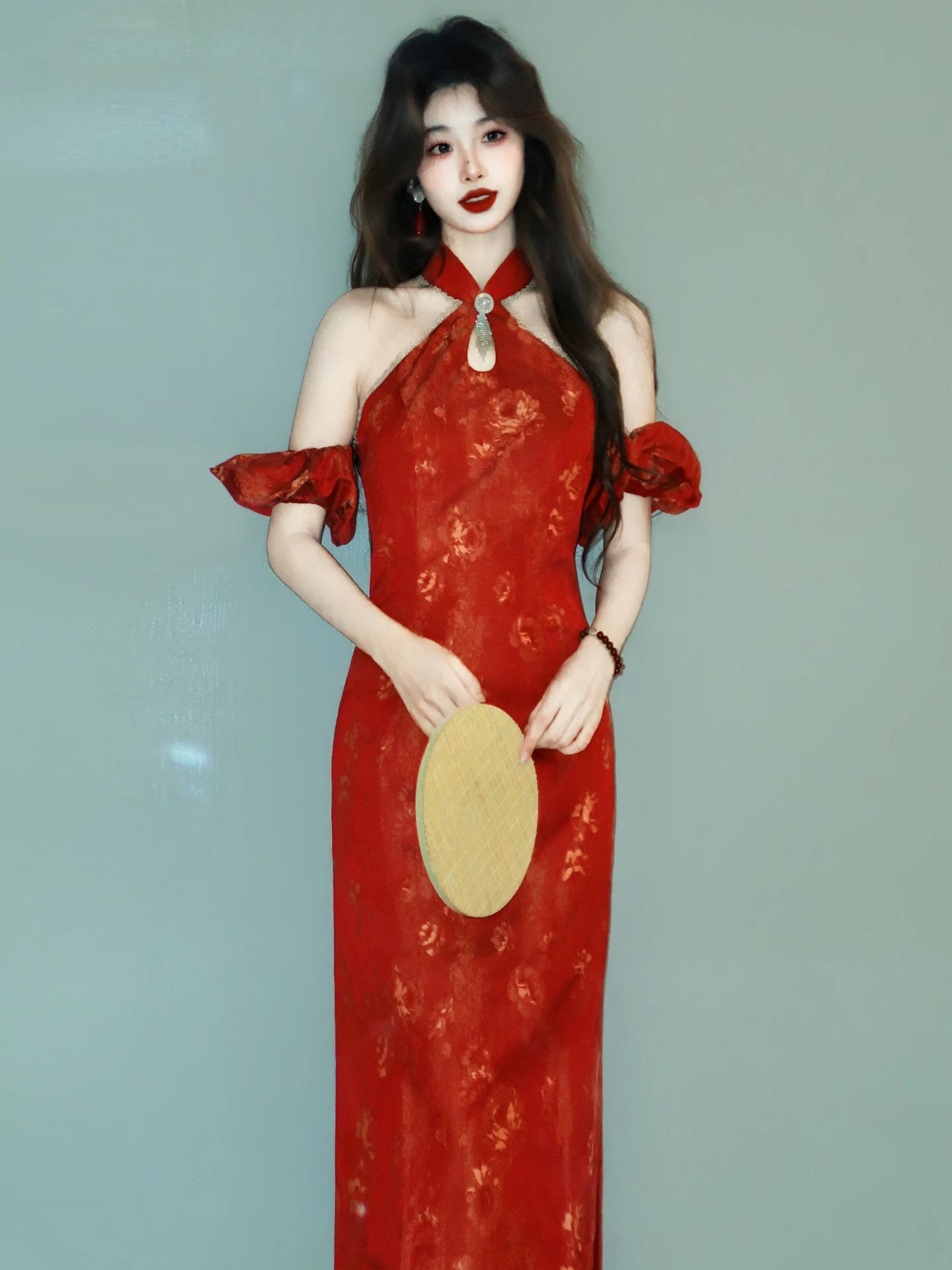 

Red Wedding Ne Hanging Embroidery Ele Simple Sle Long Qipao High Slit Breathable Polyester Fiber Long Dr