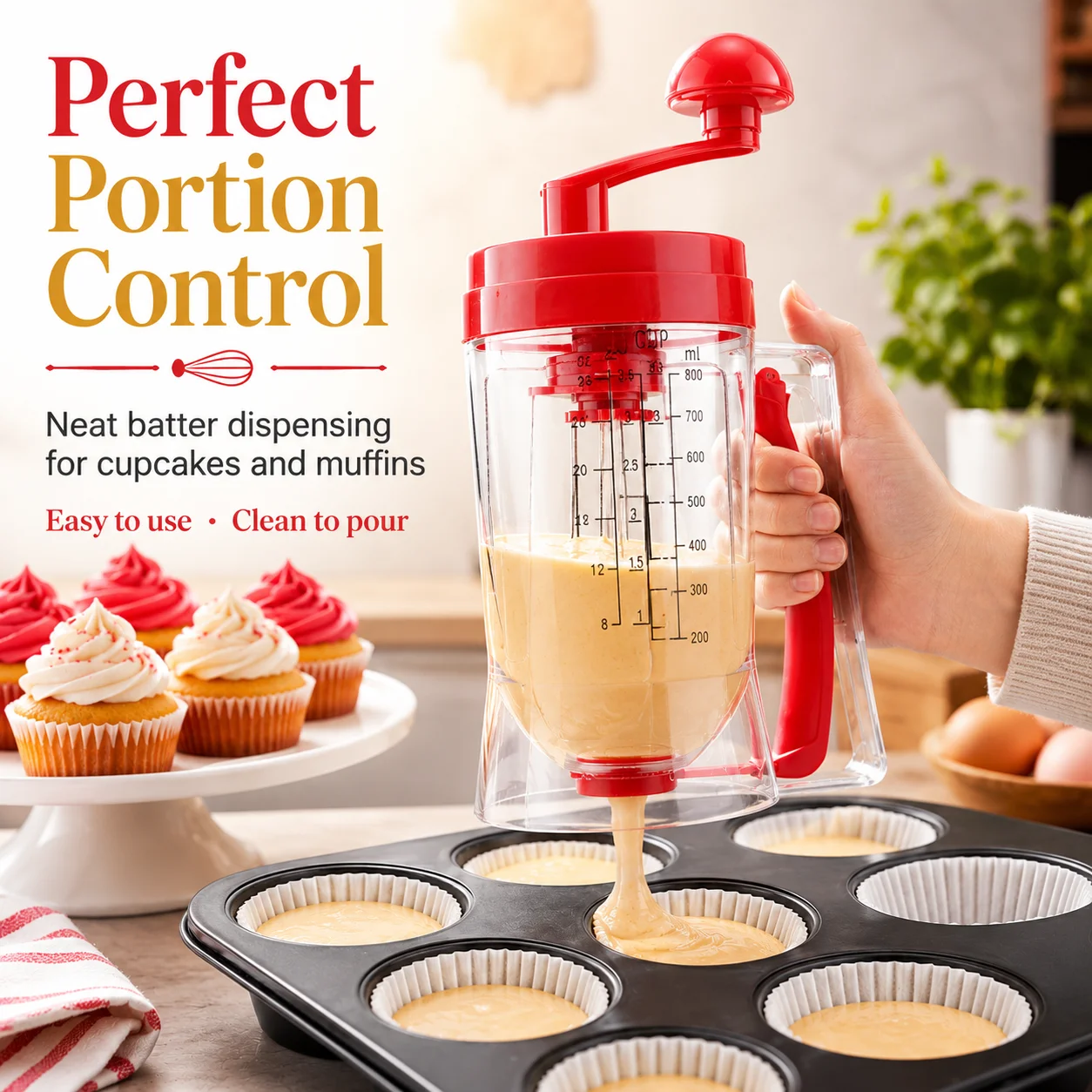 Batter Dispenser with Measurement Mark Hand Crank Mixing Cup for Cupcake Muffin Waffle Pancake Baking Portion Control Tool