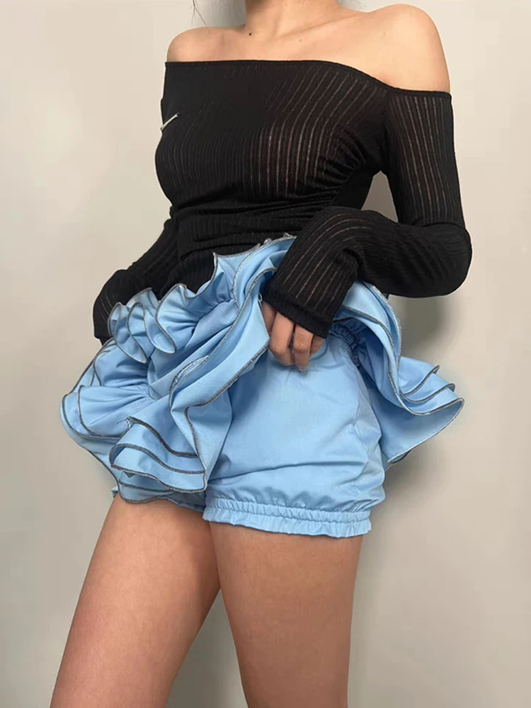 فستان RORIRI بكتف مائل بغرز متماسكة مجوفة للنساء بأكمام طويلة قابل للتمدد وكشكشة متباينة فستان قصير مثير ملابس عتيقة