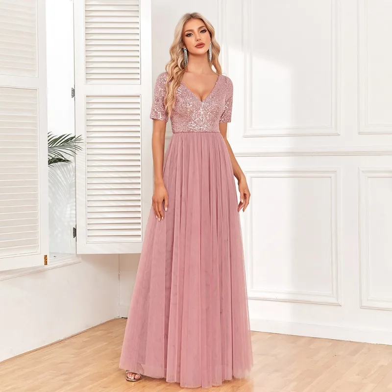 New Women's Elegant Short Sleeved Patchwork Double V-neck A-line Sheer Evening Dress with Sequins European and American Dress