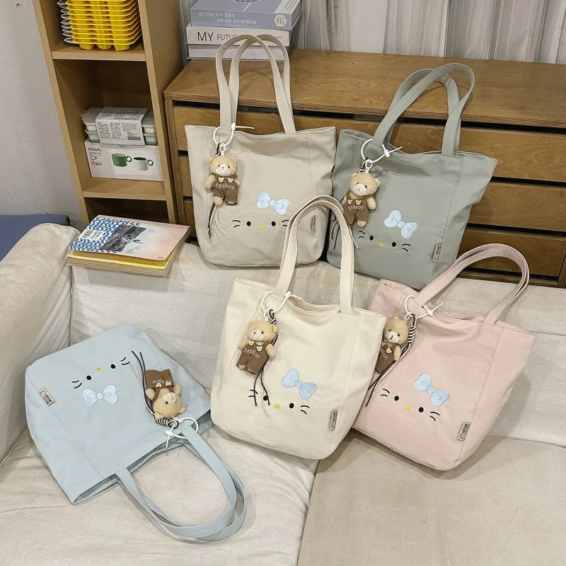 

Large Capacity Cute Cat Embroidery Tote Bag for Women, Student Class Commuting Handbag with Zipper, Single Shoulder Bag