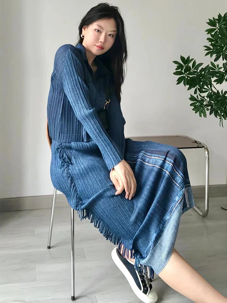 Summer New Style Women's Denim Set Long Sleeve High Waist Slimming Pleated Fringed  Skirt Commute Simple Style Polyester ...
