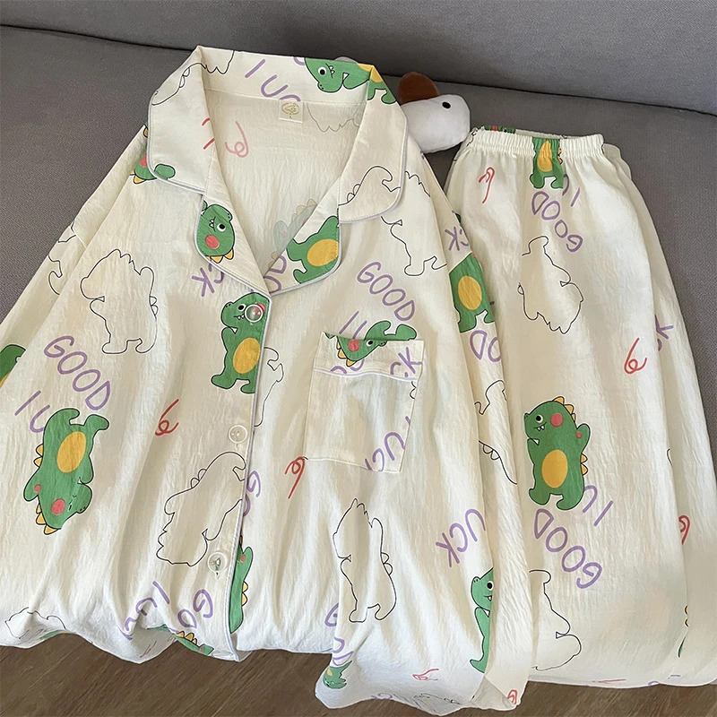 

Fashion Dinosaurs Letter Print Women's Pajamas Kawaii Sweet Cute Cartoon Sleepwear Woman Long Sleeve 2 Piece Pajamas Set Spring