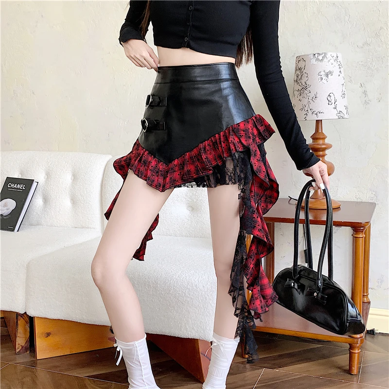 Irregular short half body skirt, women's 2025 Spring and Autumn period ruffle edge, ribbon plaid leather and spliced short skirt