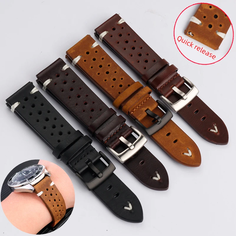 Porous Genuine Leather Watchband Handmade Oil Wax Breathable Strap For MIDO M005 Samsung Galaxy Watch 4 3 Vintage Accessories