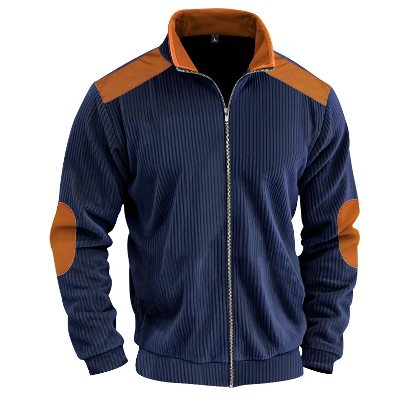 Herren Stehkragen Cordjacke, Farbblock-Design, Reißverschluss-Mantel, Retro, Locker Geschnitten, Lässig, Langarm, Herbst-Winter, Alltag, Streetwear – Detail 12