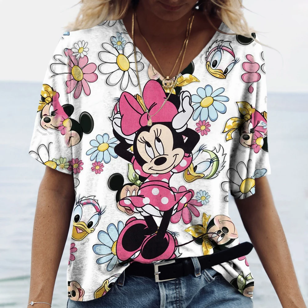 Top Women Disney Mickey Mouse Print Women\'s T-Shirt Oversized T-Shirt Popular Clothes Women Clothing Short Sleeve Tees Blouse V-