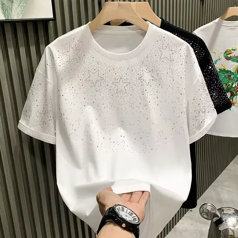 Summer Rhinestone Rivet T-shirt for Men Clothing Round Neck Casual T-shirt Fashion High Street 2024 Men\'s Summer Short Sleeves