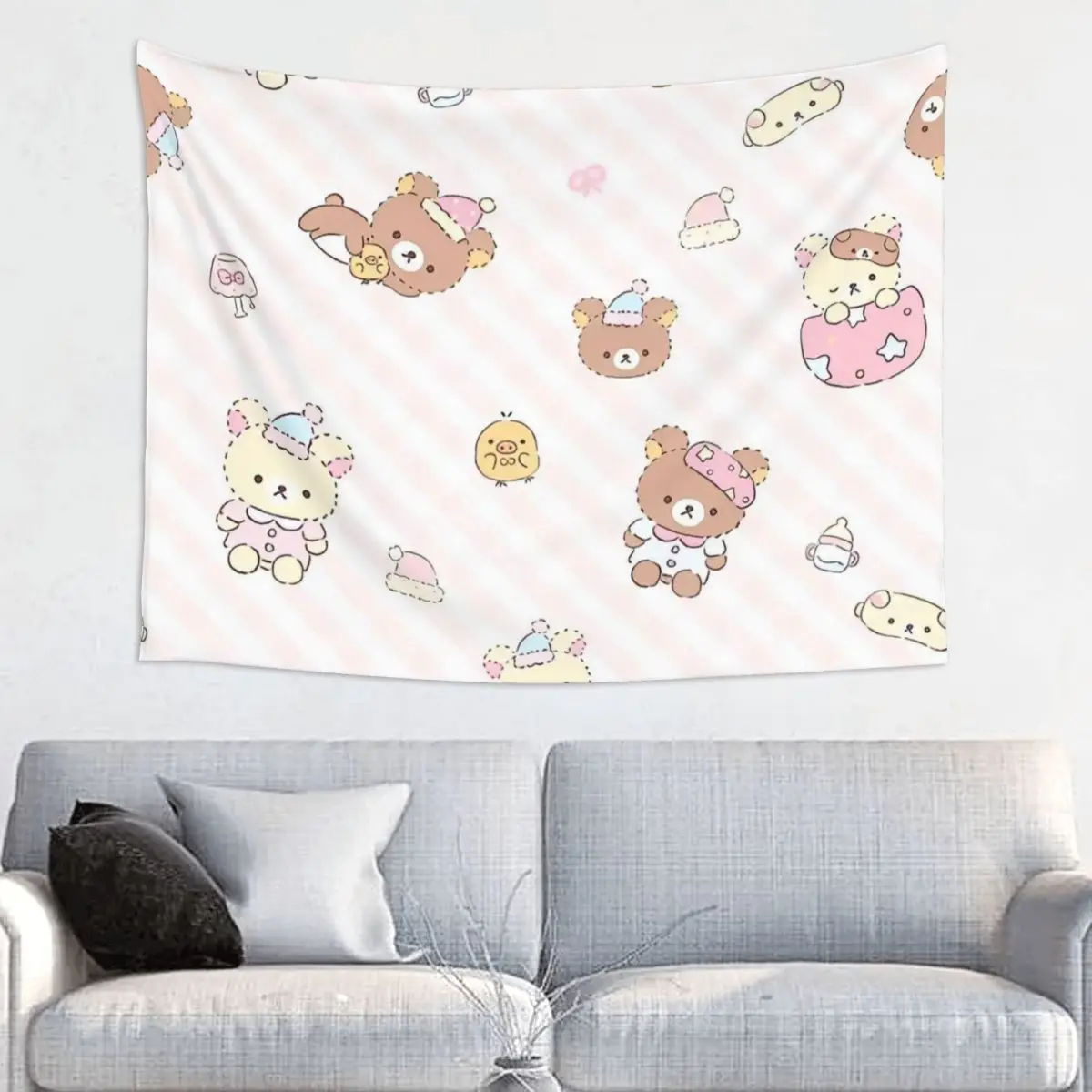 Kawaii Bear Rilakkum Cartoon Tapestry Hippie Polyester Wall Hanging Room Decoration Beach Mat Mandala Wall Blanket