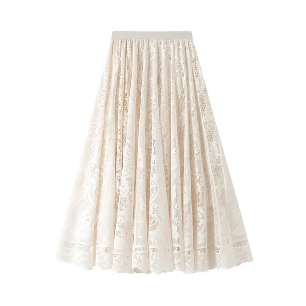 Sheer Lace Skirt Crochet Tulle Midi Skirt Women's Flowy A-line Mesh Skirt Ladies High Street Trendy Outfit