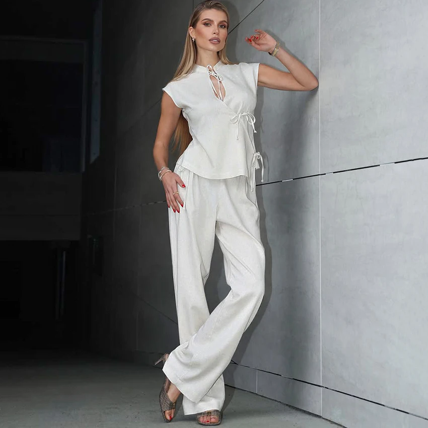 

Linad Vintage Cotton Linen Long Pants Suit 2026 Casual High Waist Trousers With Stand Collar Vest 2 Piece Sets Women Lace Up Top