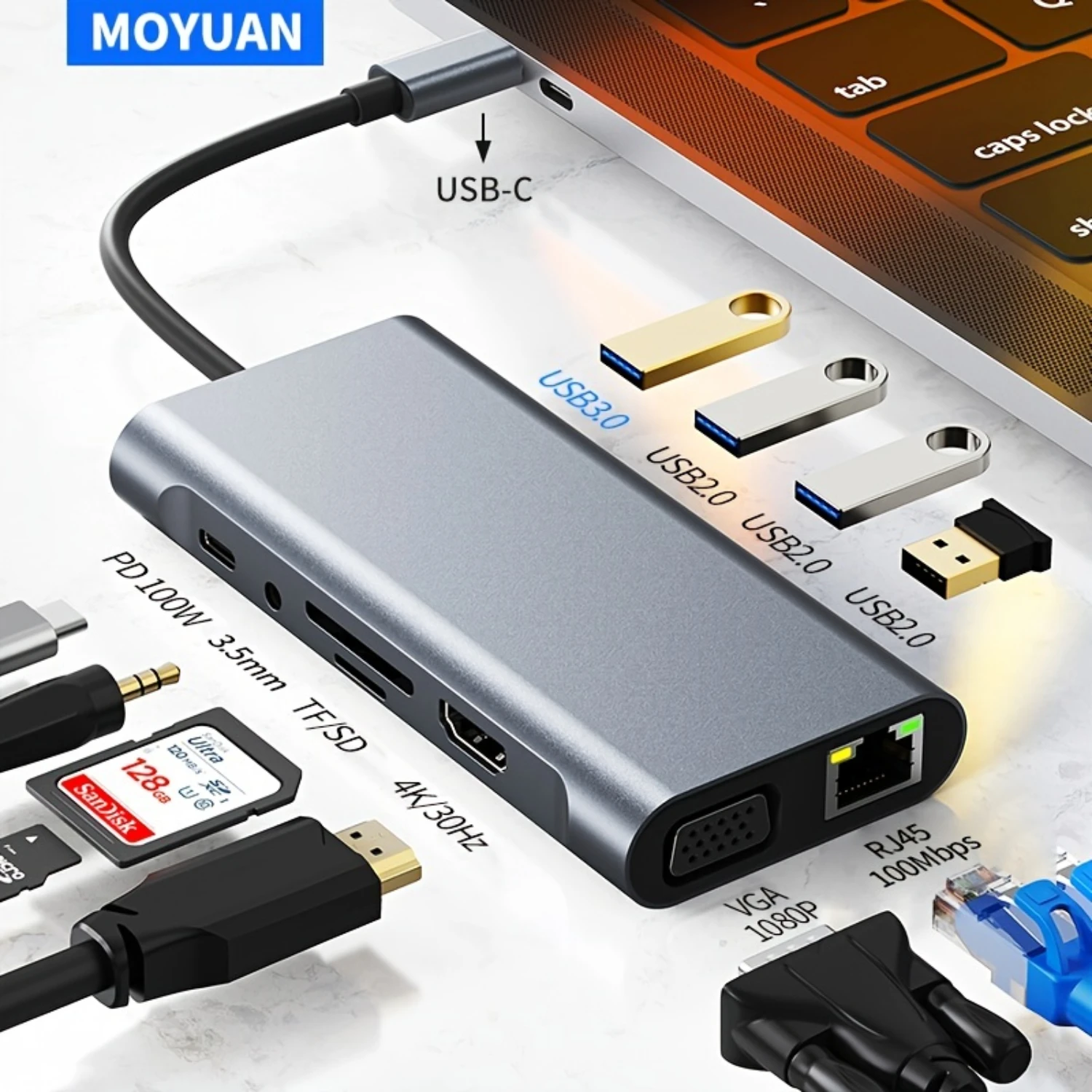 T Type-C Multi-Interface Gigabit Network Expansion Dock USB C Hub, USB-C Laptop Docking Station, Type C Docking Station Adapter