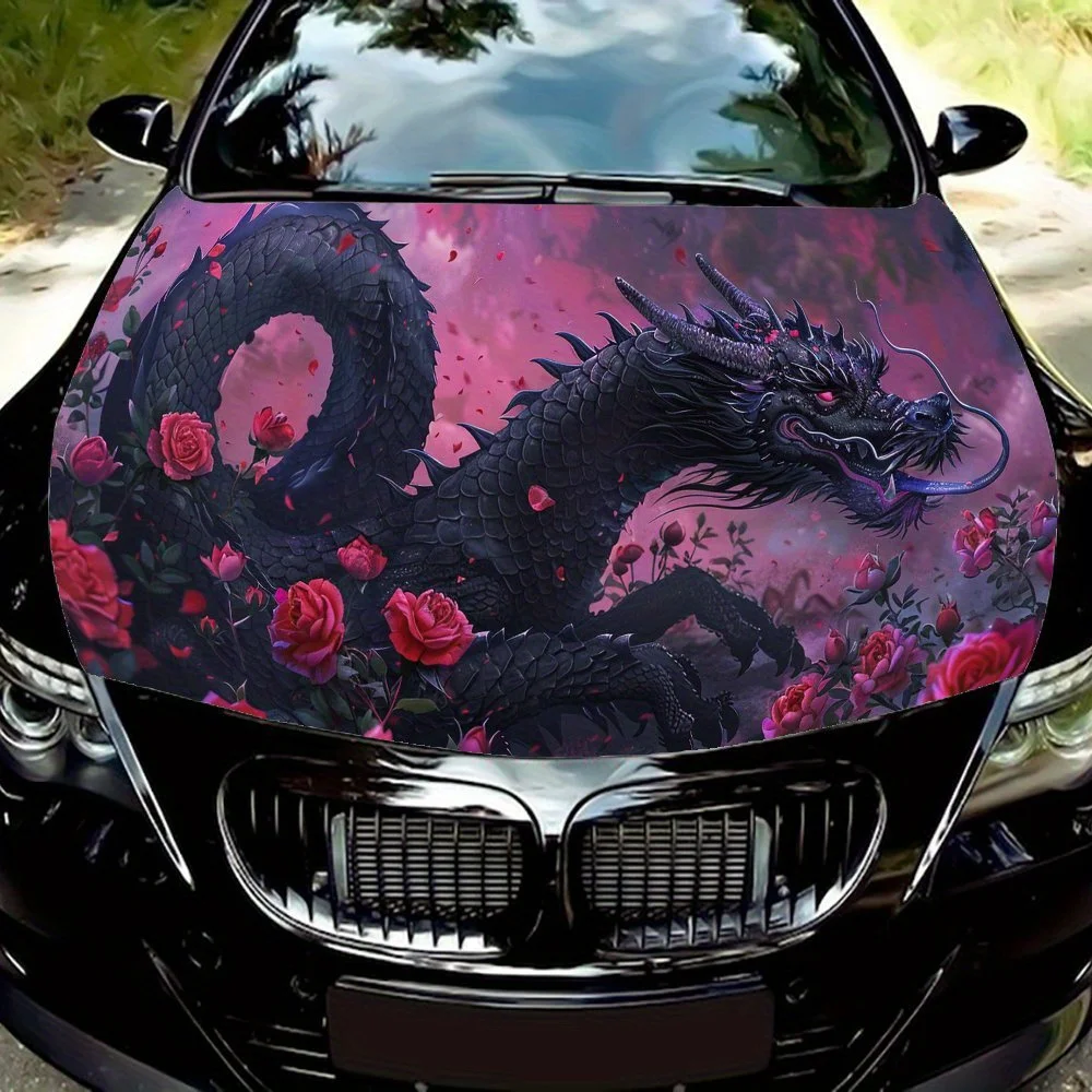 Domineering and Romantic Car Hood Decal, Black Dragon and Red Rose Auto Exterior Protective Sticker, Vinyl Waterproof Self-adhes