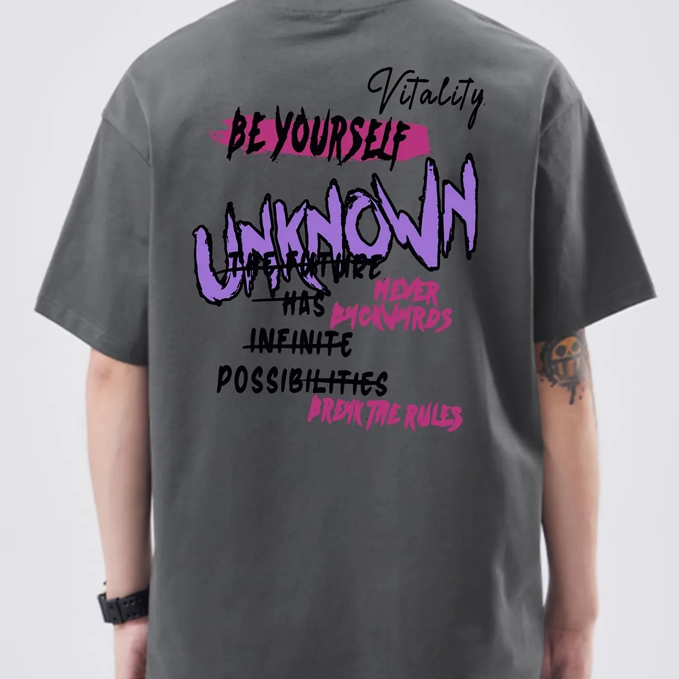 Y2K Pink Purple Graffiti Text Graphic T-shirt Be Yourself Infinite Possibilities Streetwear Unisex Oversized Tee