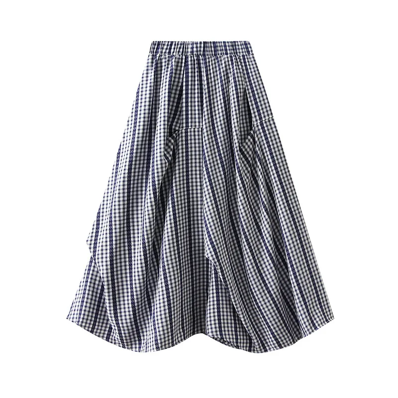 Blue plaid irregular half skirt for women's summer design sense, niche long skirt fashion, A-line pleated loose skirt